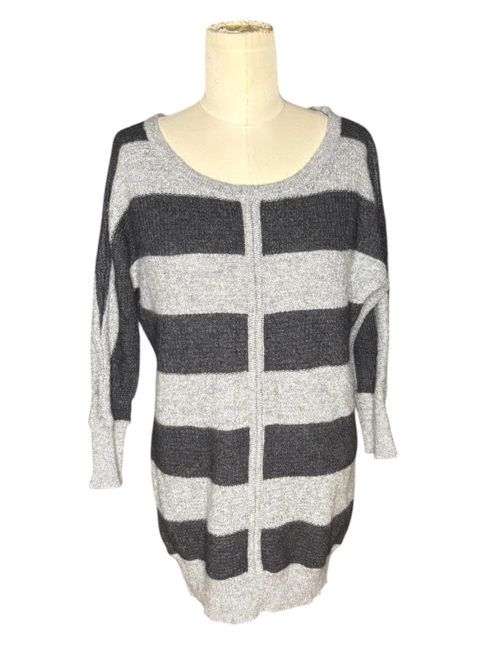 LOFT Gray and Charcoal Wide-Striped Scoop Neck Sweater